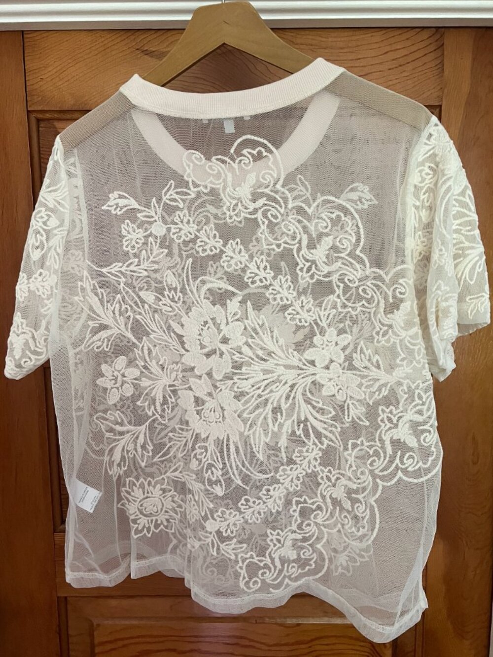 Veveret White Embroidered Mesh Top Size L Sheer Floral Lace Cottagecore Romantic - Picture 3 of 4